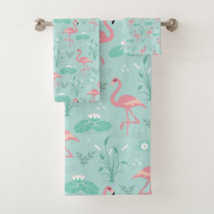 Conjunto De Toalhas Padrão Verde Flamingos Rosa Pastel