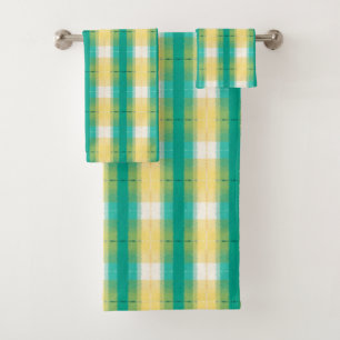 Conjunto De Toalhas Padrão Verde-Teal Amarelo-Branco-Riscado