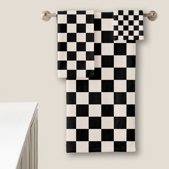 Conjunto De Toalhas Padrão verificado em preto e creme (Black and Cream Checkered Pattern Bath Towel Set in situ)