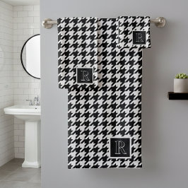 Conjunto De Toalhas Padrão Xadrez com Monograma Preto e Branco