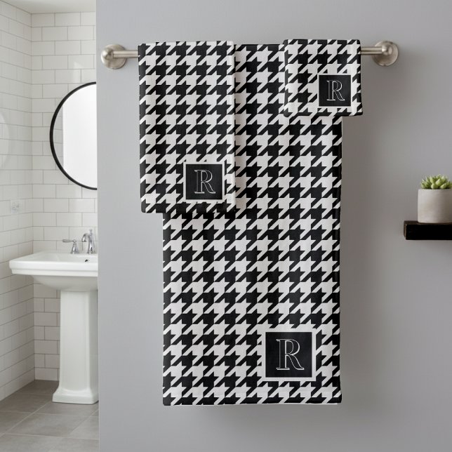 Conjunto De Toalhas Padrão Xadrez com Monograma Preto e Branco (Criador carregado)