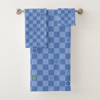 Conjunto De Toalhas Padrão Xadrez Floral Nº 01 - Azul Claro