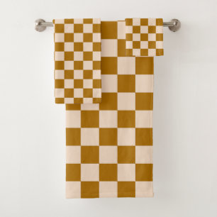 Conjunto De Toalhas Padrão xadrez marrom e bege
