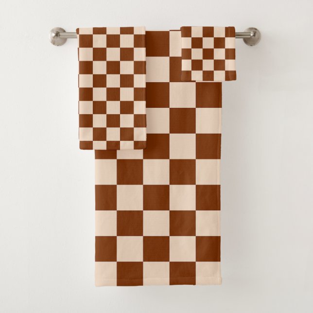 Conjunto De Toalhas Padrão xadrez marrom ferrugem e bege (Insitu)