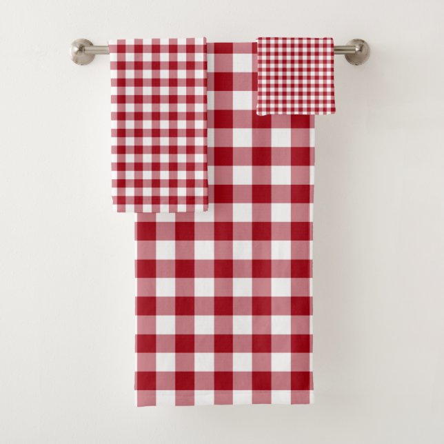 Conjunto De Toalhas Padrão Xadrez Moderno em Vermelho (Insitu)