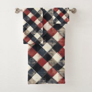 Conjunto De Toalhas Padrão Xadrez Naval e Vermelho Atemporal Retro