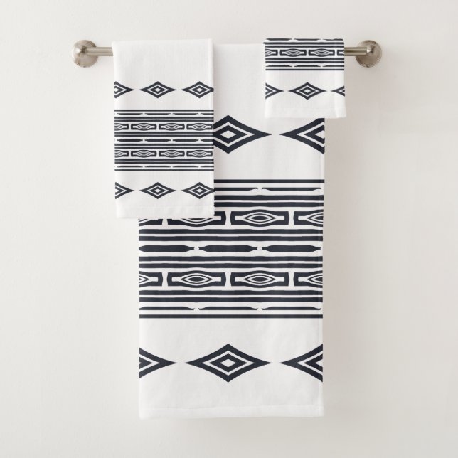 Conjunto De Toalhas Padrão Xadrez Tribal Asteca Cinza e Branco (Insitu)