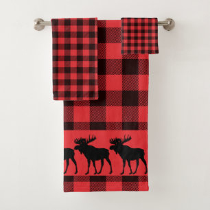 Conjunto De Toalhas Padrão Xadrez Vermelho Preto com Silhueta de Alce 