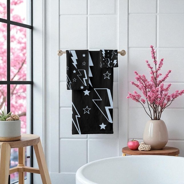 Conjunto De Toalhas Padrão Y2K de Fundo preto azul (Blue Lightning Black Background Y2K Pattern Bath Towel Set)