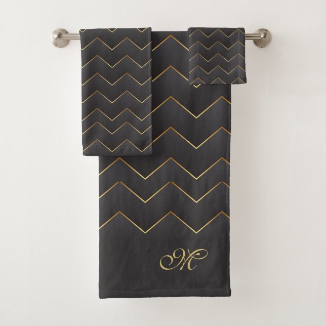Conjunto De Toalhas Padrão Zig Zag Chevron Dourado (Insitu)
