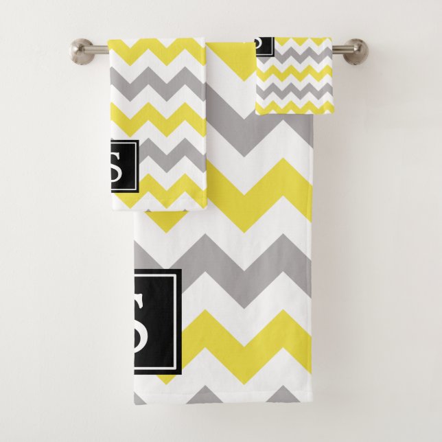 Conjunto De Toalhas Padrão Zigzag, Chevron, Amarelo, Cinza, Monograma (Insitu)
