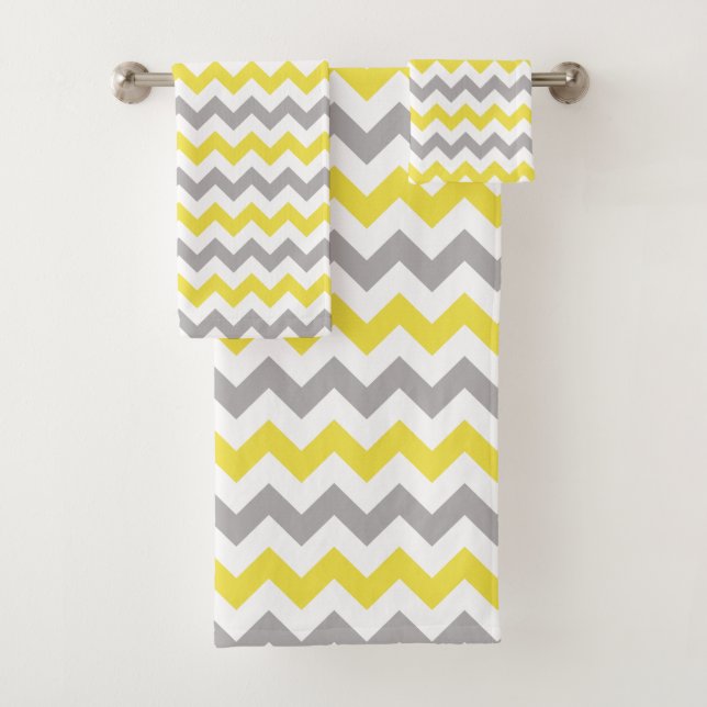 Conjunto De Toalhas Padrão Zigzag, Padrão Chevron, Amarelo, Cinza (Insitu)