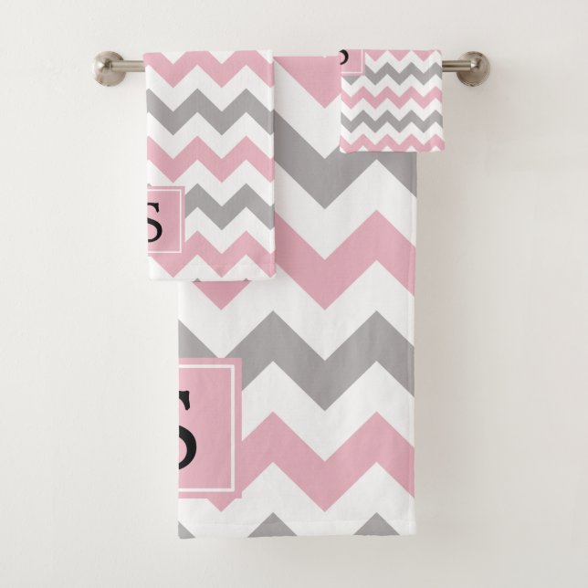 Conjunto De Toalhas Padrão Zigzag, Padrão Chevron, Rosa, Monograma (Insitu)
