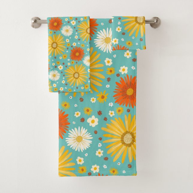 Conjunto De Toalhas Padrões Coloridos Felizes Daisies Azul (Insitu)