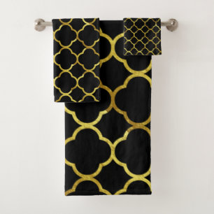 Conjunto De Toalhas Padrões de Quatrefoil de Ouro Dourado preto Legal