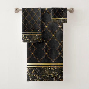 Conjunto De Toalhas Padrões de Trevo de Quatro Folhas Preto e Dourado