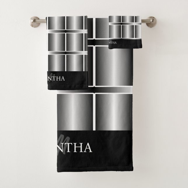 Conjunto De Toalhas Padrões E Stripes Pretos E Prateados (Insitu)