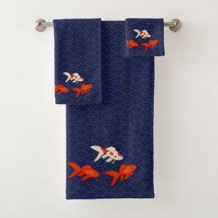 Conjunto De Toalhas Padrões Japoneses de Goldfish sobre Ondas de Seig