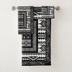 Conjunto De Toalhas Padrões Nativos Pretos e Brancos