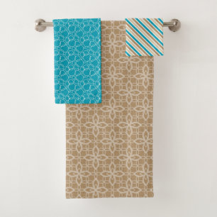 CONJUNTO DE TOALHAS PADRÕES TURQUOISE BROWN & TAN STRIPES