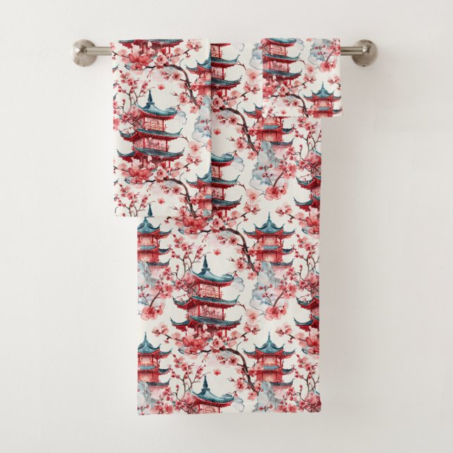Conjunto De Toalhas Pagoda Chinesa Aquarela com Blossomas de Cereja (8 (Insitu)