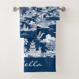Conjunto De Toalhas Paisagem Asiática Chinoiserie Paisagem Azul Branco