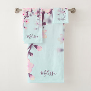 Conjunto De Toalhas Paisagem Ilustrativa de Cerejeiras Rosa Azul