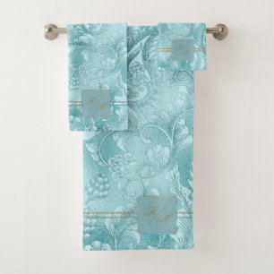 Conjunto De Toalhas Paisley Garden Flora Monograma Cadete Azul/Dourado