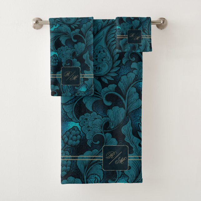 Conjunto De Toalhas Paisley Garden Floral Monograma Teal/Dourado ID750 (Insitu)