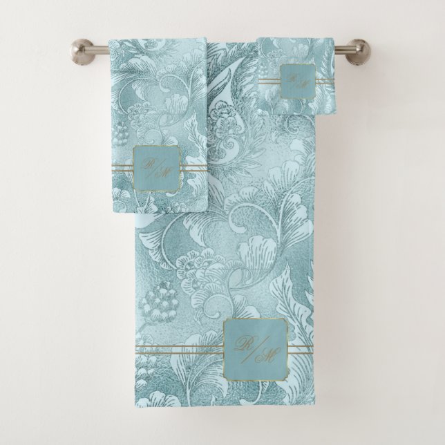 Conjunto De Toalhas Paisley Garden FloraMonograma Cadet Blue/Dourado I (Insitu)