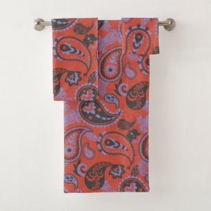 Conjunto De Toalhas Paisley Tradicional Linocut Vivid Orange Purple