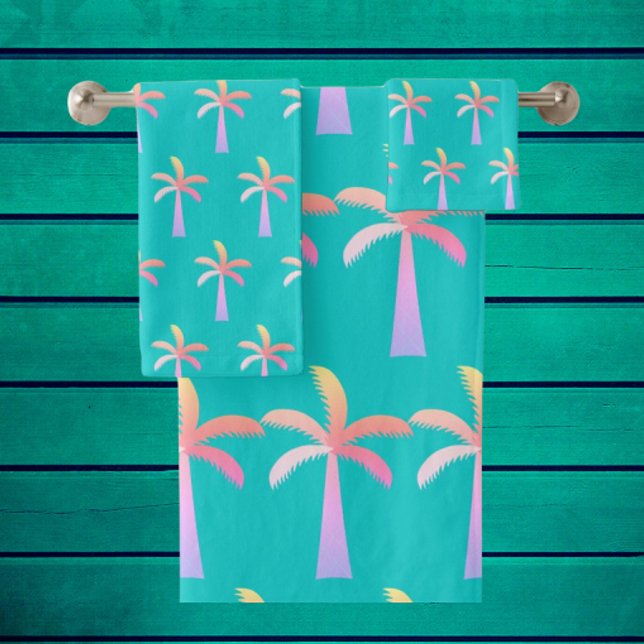 Conjunto De Toalhas  Palm Springs Caribbean Blue Tropical Palm Tree (Colorful palm tree bath towels)