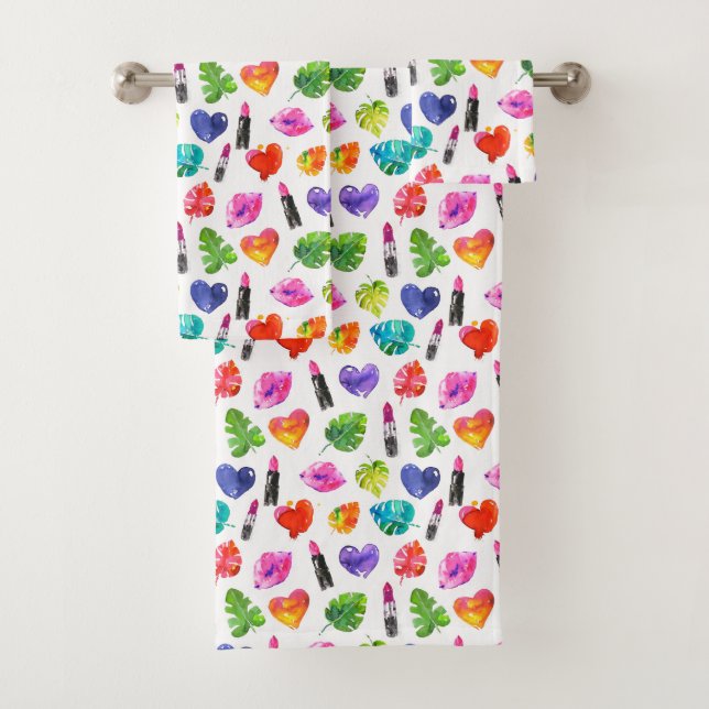 Conjunto De Toalhas Palma de aquarela arco-íris folhas batom beijo de  (Insitu)