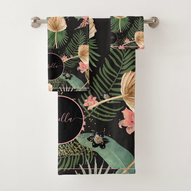 Conjunto De Toalhas Palma Verde Tropical Deixa Monograma Floral Preto (Insitu)