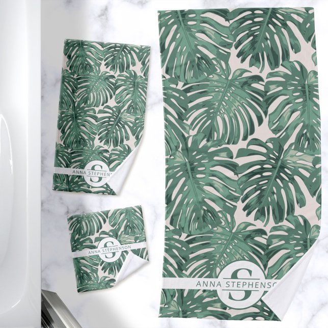 Conjunto De Toalhas Palma Verde Tropical Deixa Nome Monograma (Bath towel set with green monstera leaves and monogram)
