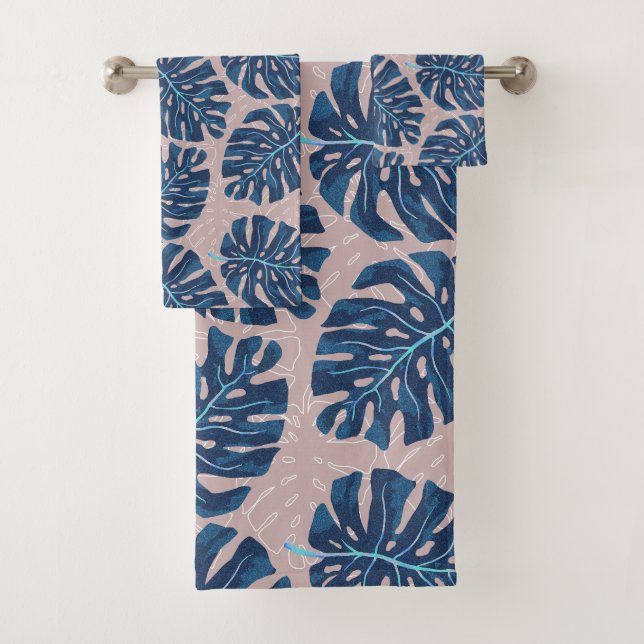 Conjunto De Toalhas Palmeira Tropical Azul Cinza (Insitu)