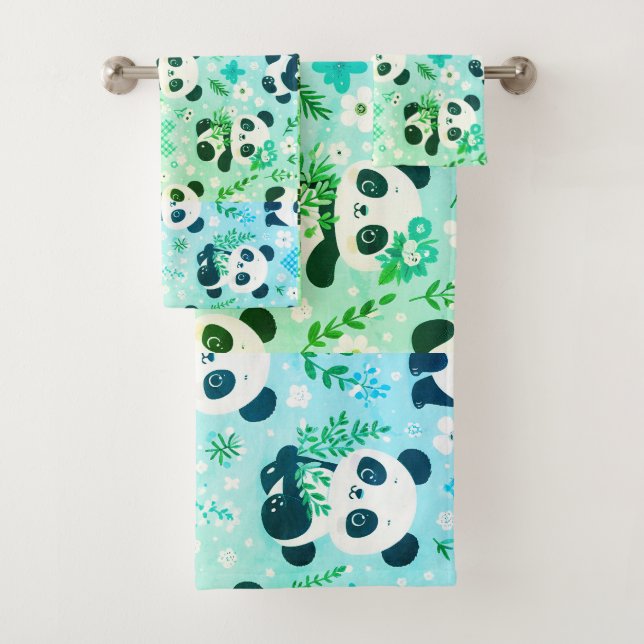 Conjunto De Toalhas Panda Bear Pattern Green Impressão (Insitu)