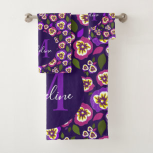 Conjunto De Toalhas Panteras Florais Elegantes Monograma de Púrpura