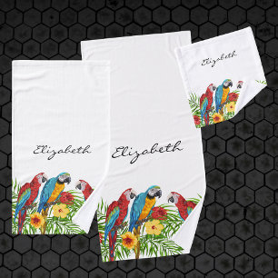 Conjunto De Toalhas Papagaios — pássaros azuis — folhas vermelhas — no
