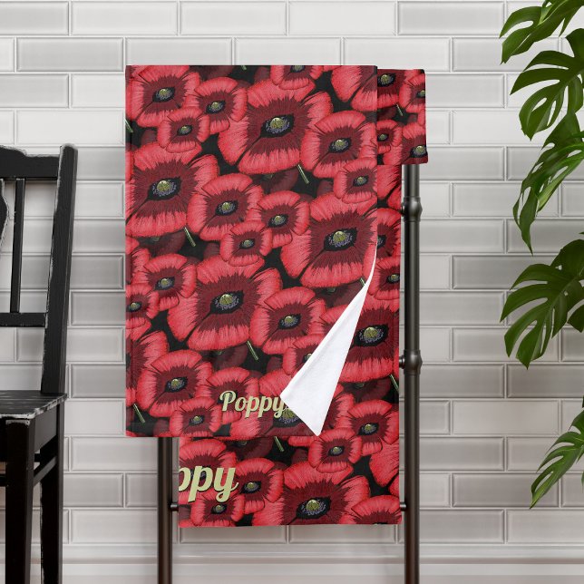 Conjunto De Toalhas Papagaios Vermelhos Modernos Torres Banais Florais (A red and black poppy pattern bath towel set with space for your name)