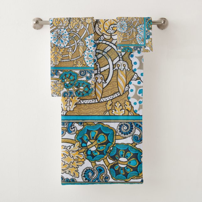 Conjunto De Toalhas papel de parede de flores azul-de-art-nouveau (Insitu)