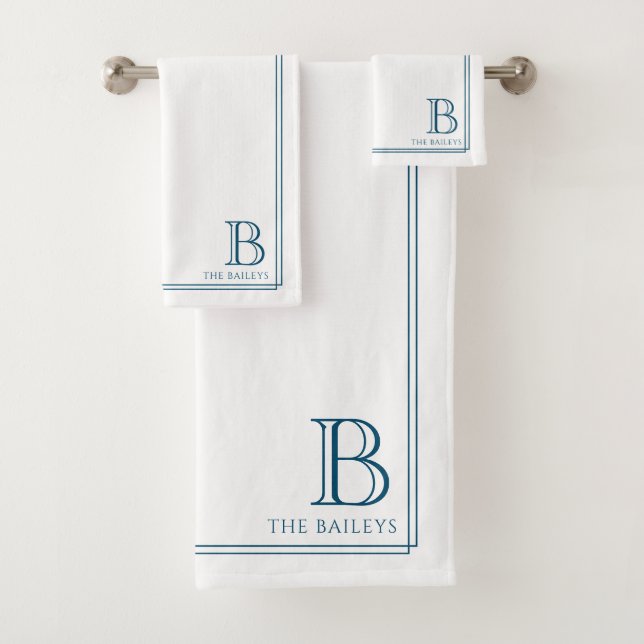 Conjunto De Toalhas Papelaria Elegante com Borda Azul-Marinho Monogram (Insitu)