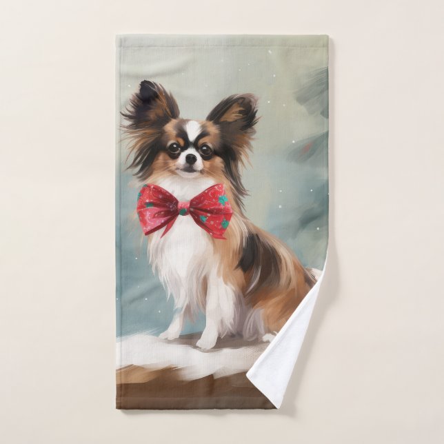 Conjunto De Toalhas Papillon Dog no Natal da Neve (Toalha de mão)
