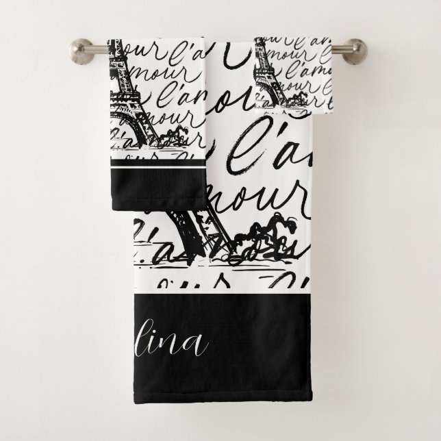 Conjunto De Toalhas Paris L’Amore Preto e Branco Torre Eiffel - Românt (Insitu)