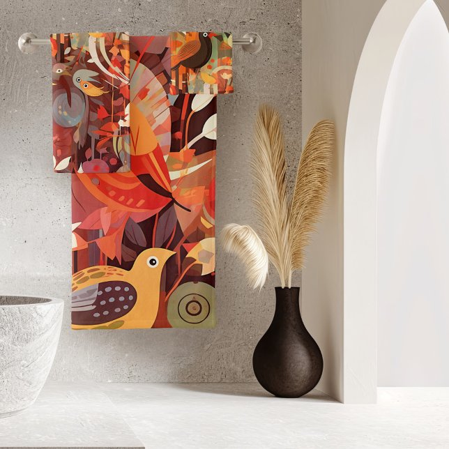 Conjunto De Toalhas Pássaro Tropical Branca Colorida (A colorful fantasy bathroom towel set featuring an abstract artistic design with tropical birds)