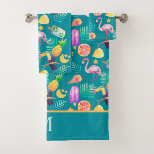 Conjunto De Toalhas Pássaro Tropical Toucano Rosa Flamingo Padrão