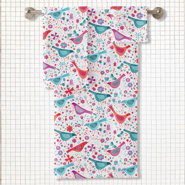 Conjunto De Toalhas Pássaros aquíferos num Jardim Floral Rosa (Modern watercolor bird and wildflower art bathroom towel set)