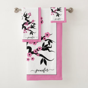 Conjunto De Toalhas Pássaros cor-de-rosa, cerejeira, borda cor-de-ros