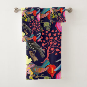 Conjunto De Toalhas Pássaros do Paraíso com Padrão Floral e Árvores em