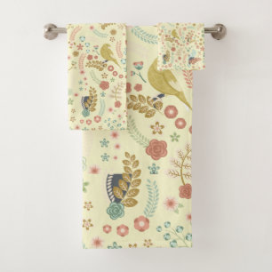 Conjunto De Toalhas Pássaros e Ramificações do Shabby Amarelo